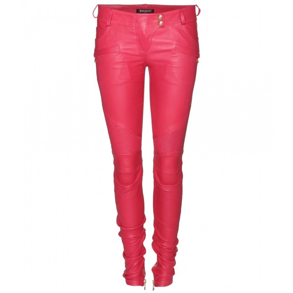 Balmain Pink Leather Moto Pants